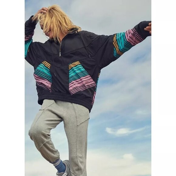 Free People Walk The Line Pullover Jacket Women L Black 90S Y2K Retro Athleisure - Picture 13 of 13